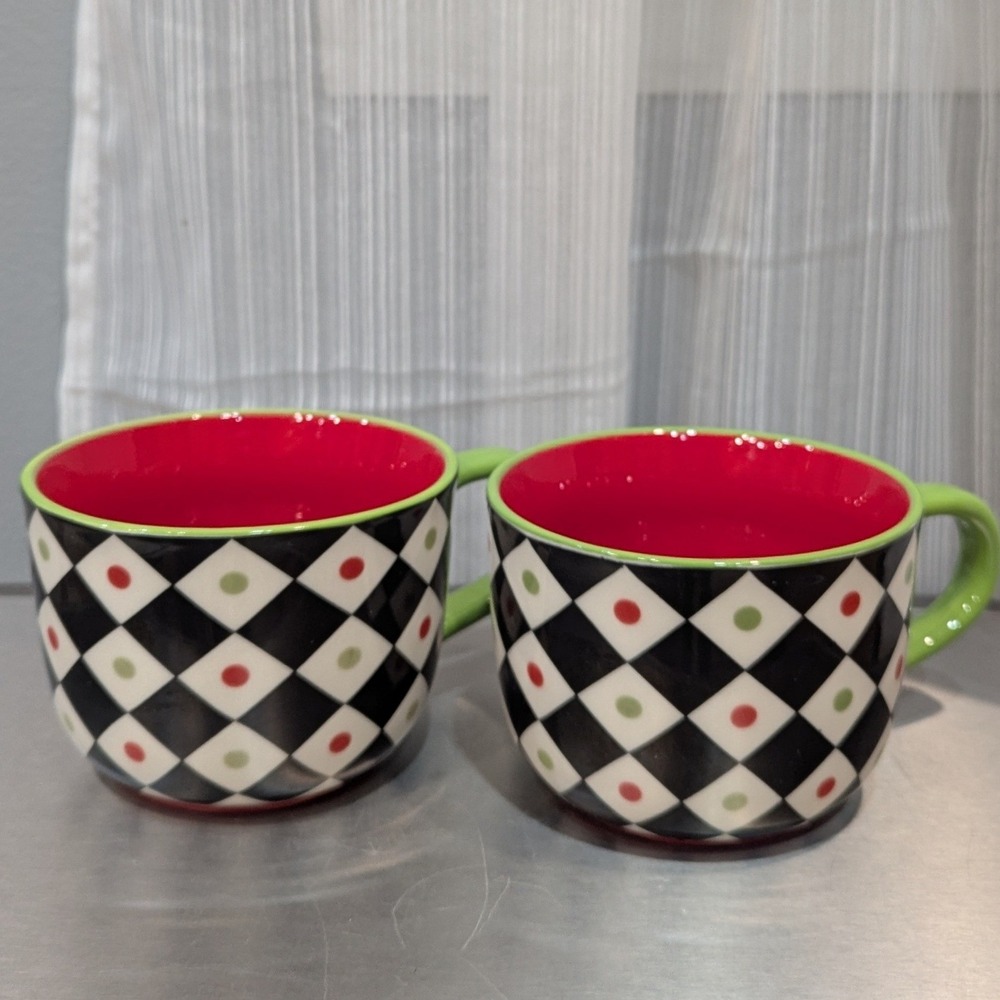 Pier 1 Imports Christmas Harlequin Mugs Set/2 Red Interior/Gift Stoneware 16oz